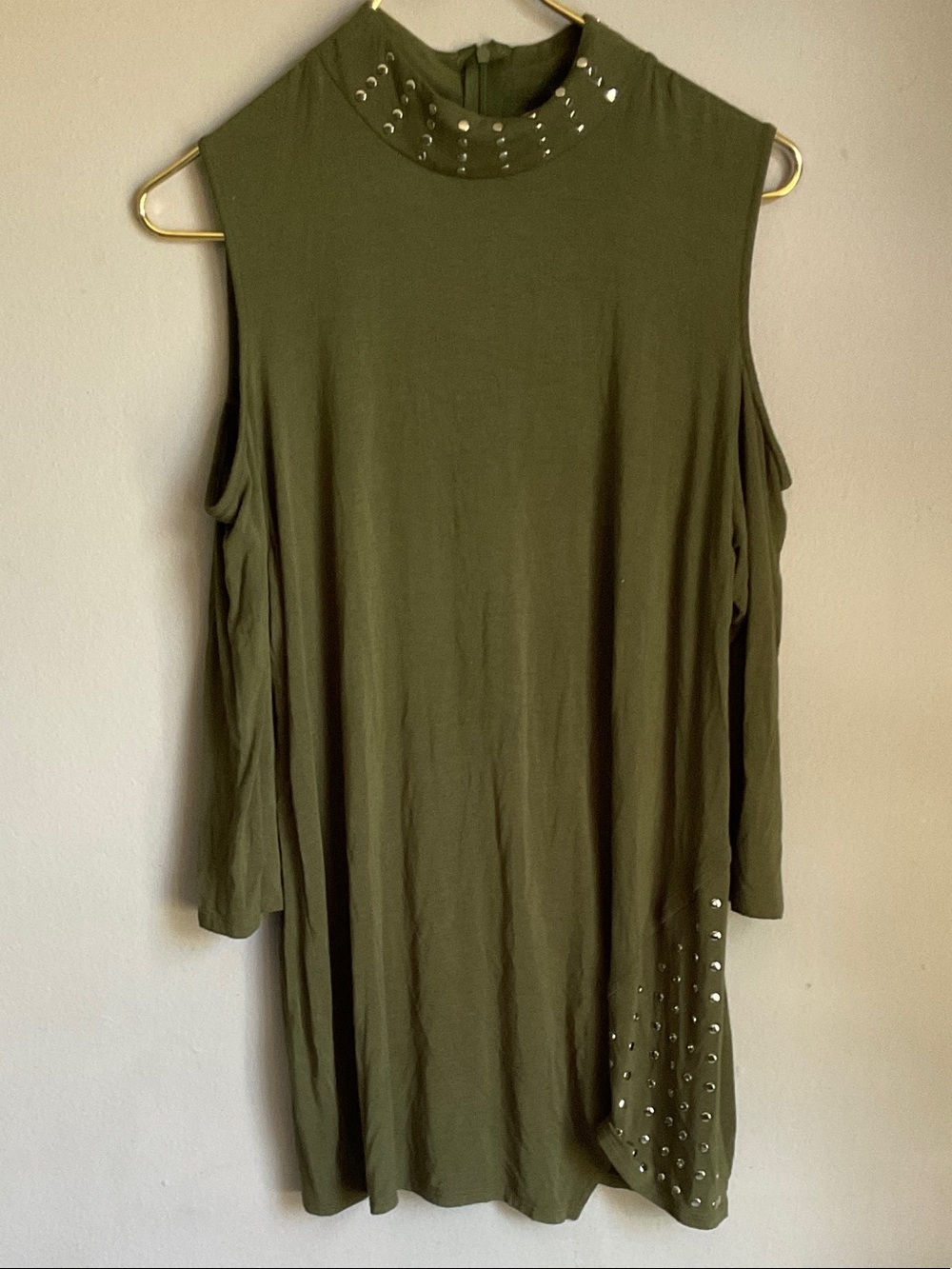 Belldini Olive Green Cold-Shoulder Studded Tunic Top